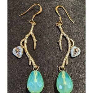Tree Branch Dangle Earrings Iridescent Green Glass Drop